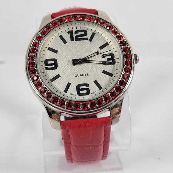Red Crystal Bezel Quartz Watch with Leather Strap, Analog Display, 40mm Case - Picture 5 of 16